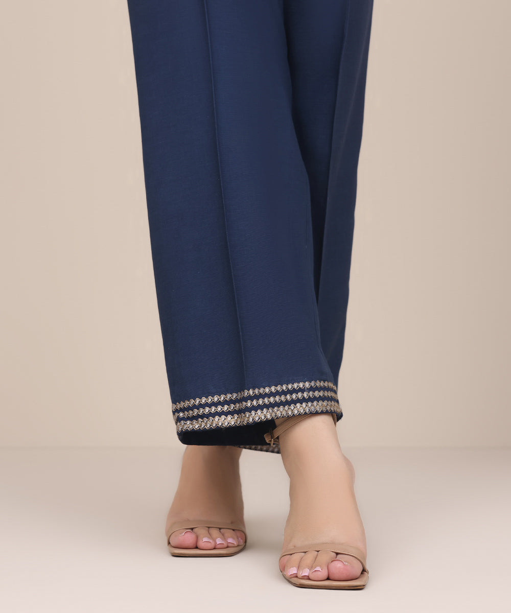 Women's Pret Dull Raw Silk Blue Embroidered Straight Pants