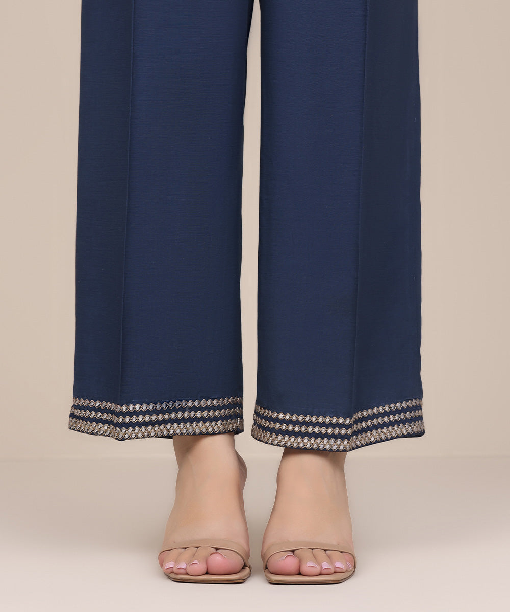 Women's Pret Dull Raw Silk Blue Embroidered Straight Pants