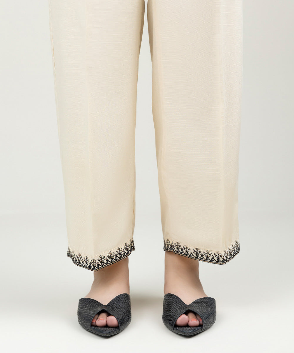 Women's Pret Linen Embroidered Cream White Straight Pants