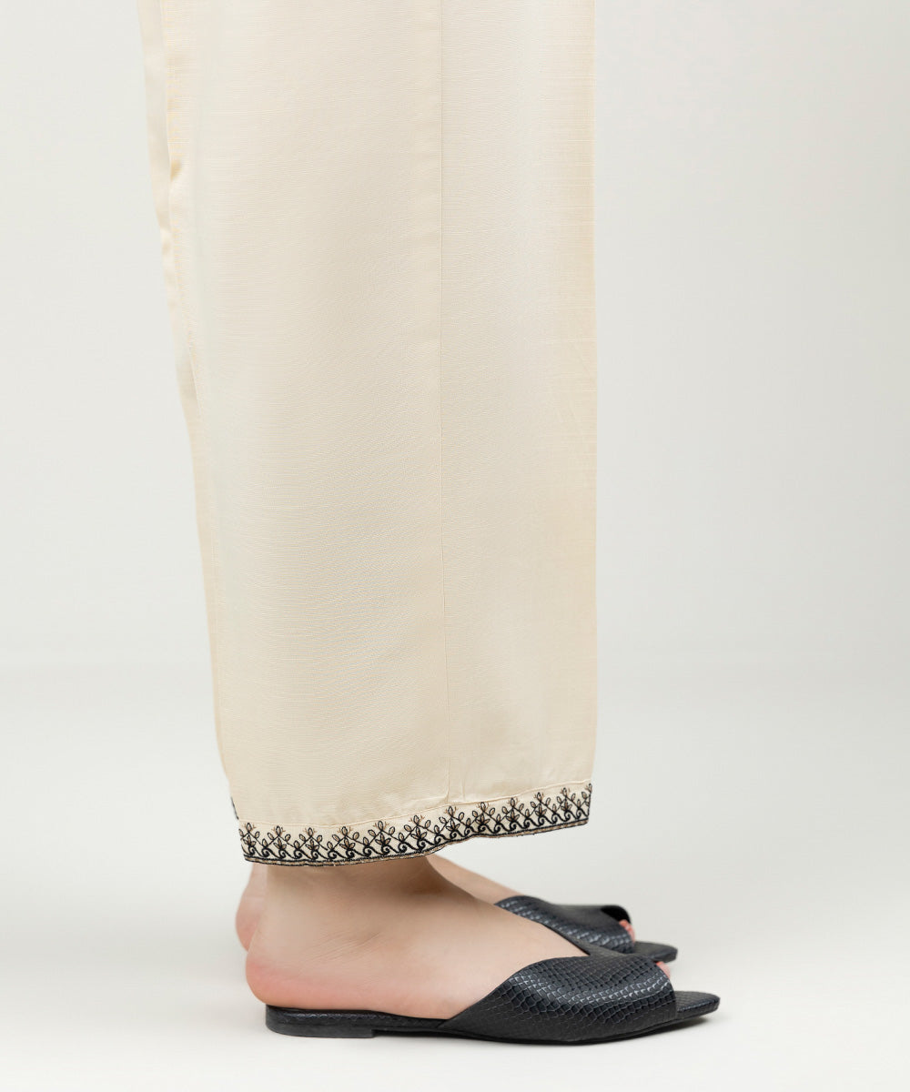 Women's Pret Linen Embroidered Cream White Straight Pants