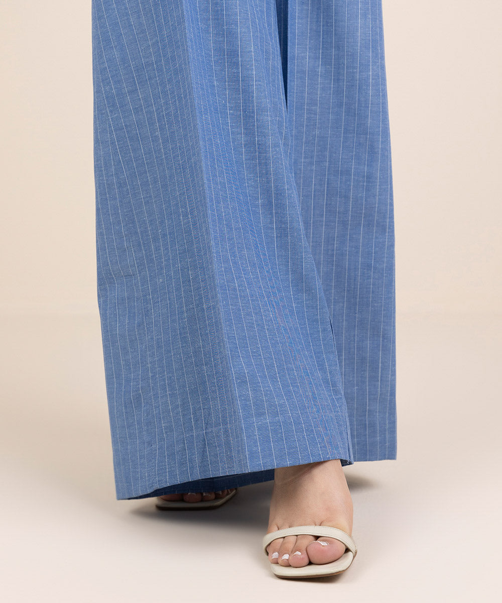 Women's RTW Cotton Linen Blue Solid Flared Pants