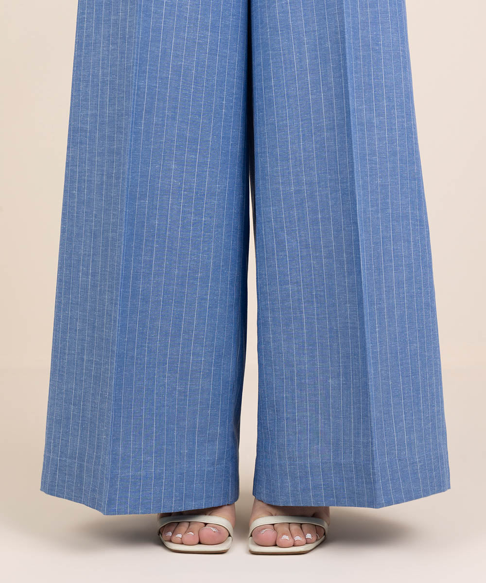 Women's RTW Cotton Linen Blue Solid Flared Pants
