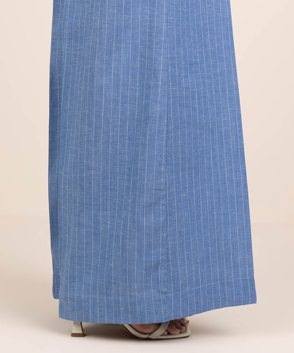 Women's RTW Cotton Linen Blue Solid Flared Pants
