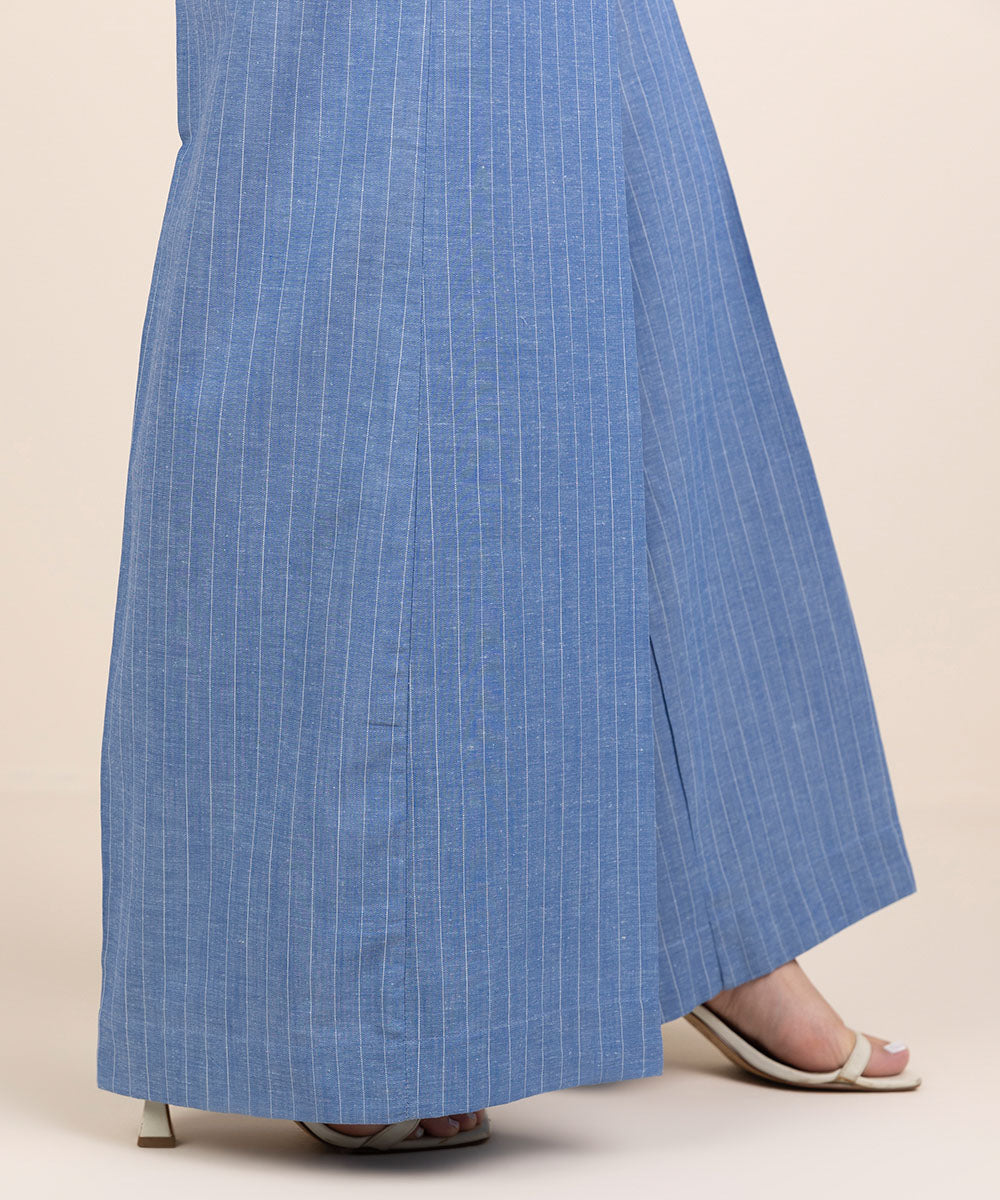 Women's RTW Cotton Linen Blue Solid Flared Pants