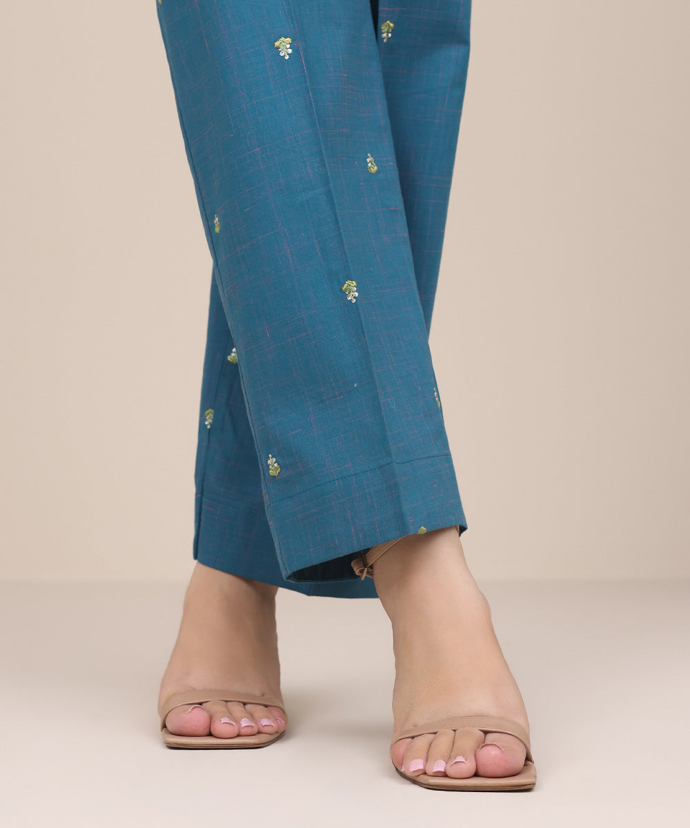 Women's Pret Textured Cotton Blue Embroidered Straight Pants