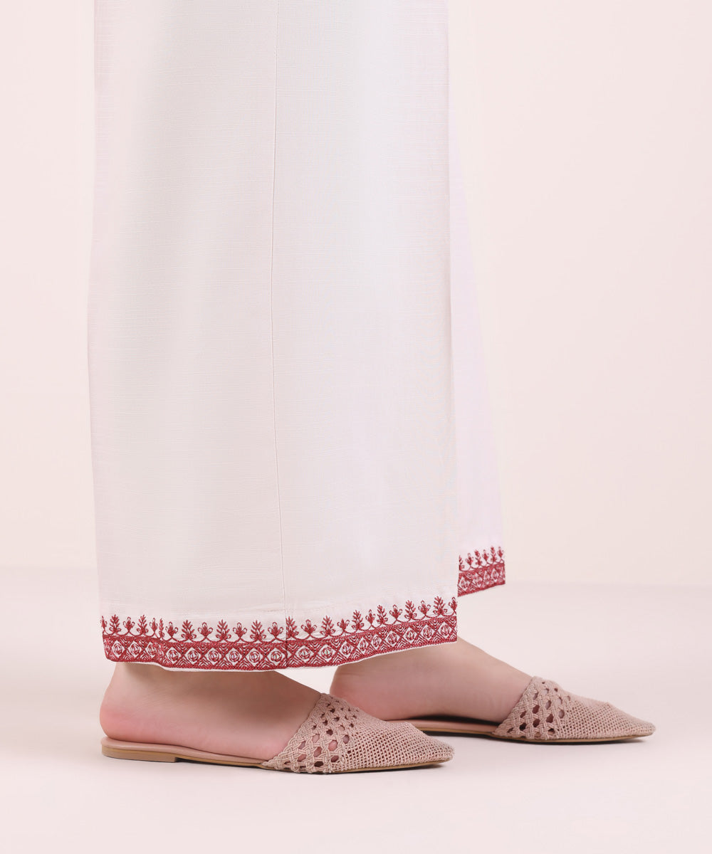 Women's Pret Dull Raw Silk Embroidered Off White Culottes