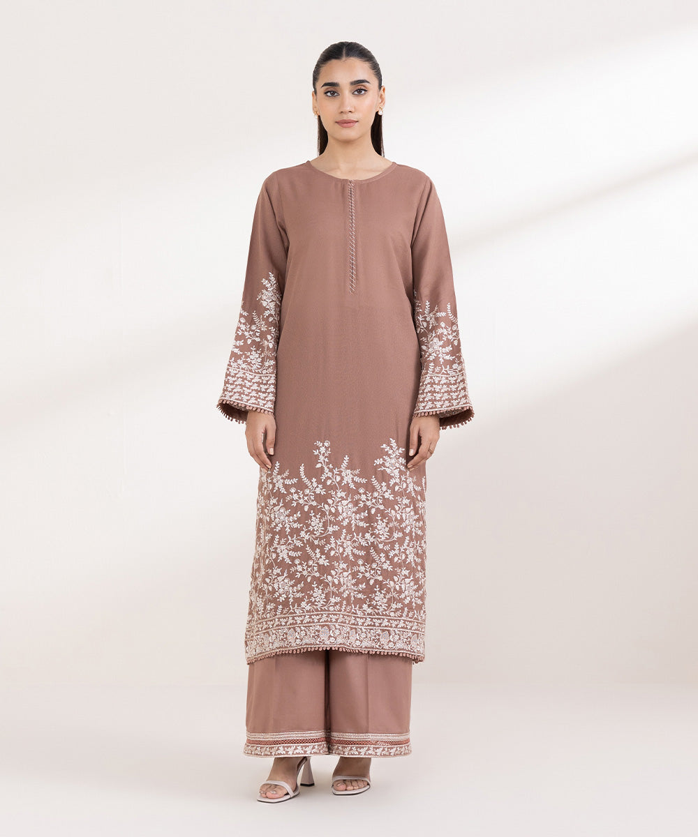 Women's Pret Karandi Embroidered Brown A-Line Shirt