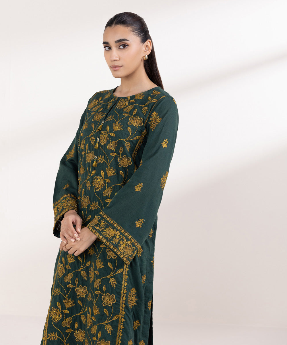 Women's Pret Karandi Embroidered Green A-Line Shirt