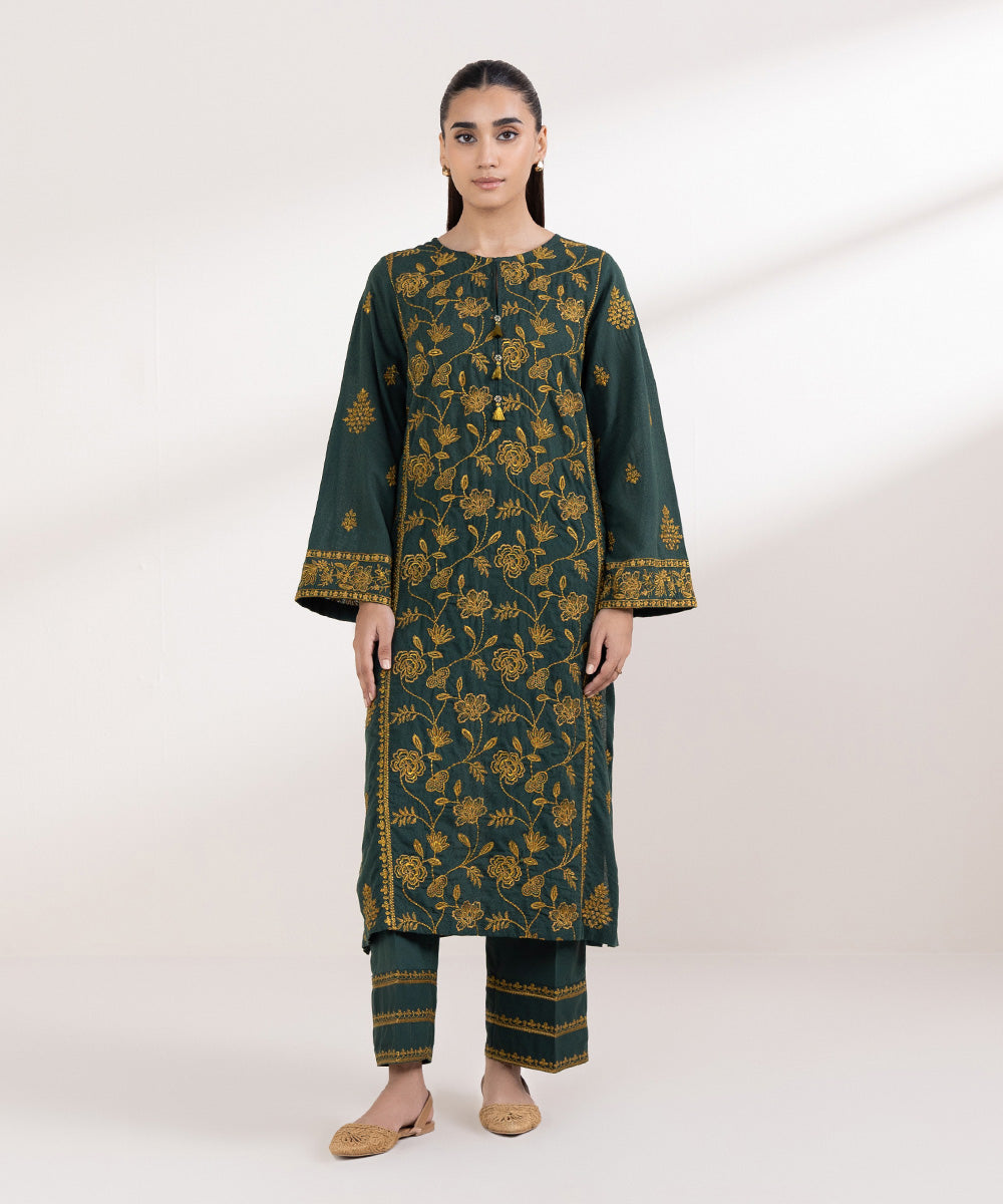 Women's Pret Karandi Embroidered Green A-Line Shirt