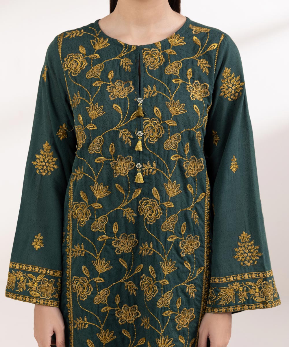 Women's Pret Karandi Embroidered Green A-Line Shirt