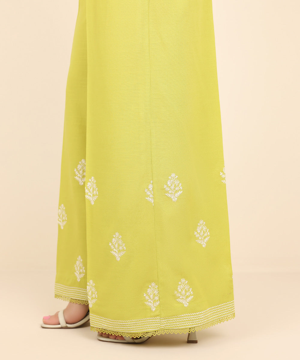 Women's Pret Dull Raw Silk Yellow Embroidered Flared Pants