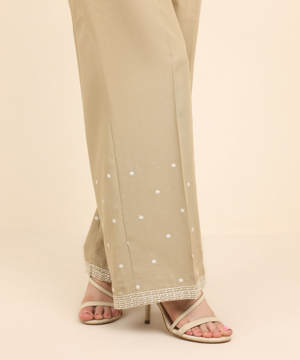 Women's Pret Dull Raw Silk Beige Embroidered Culottes