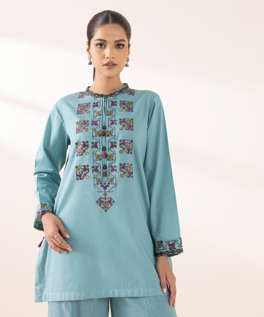 Women's RTW Dobby Blue Embroidered A-Line Shirt