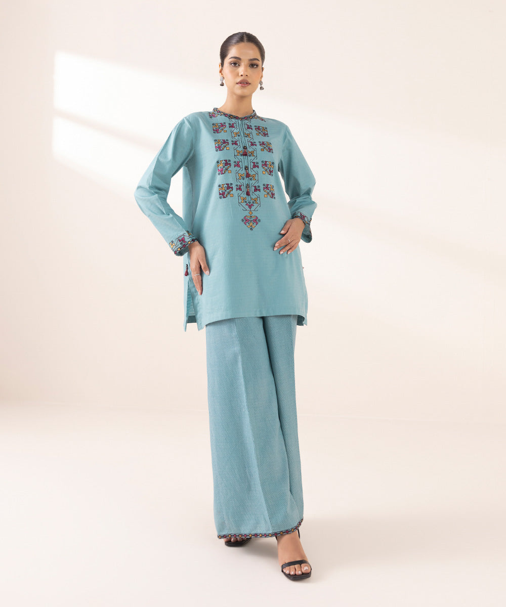 Women's RTW Dobby Blue Embroidered A-Line Shirt