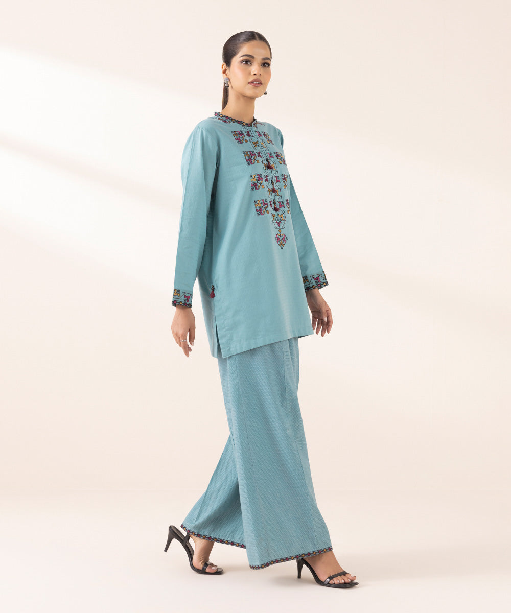 Women's RTW Dobby Blue Embroidered A-Line Shirt