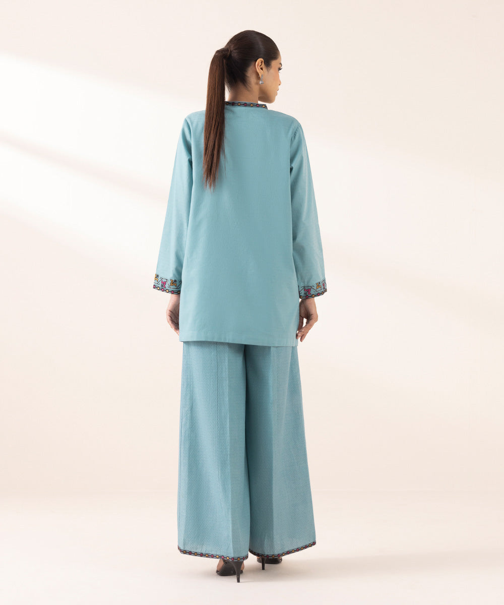 Women's RTW Dobby Blue Embroidered A-Line Shirt