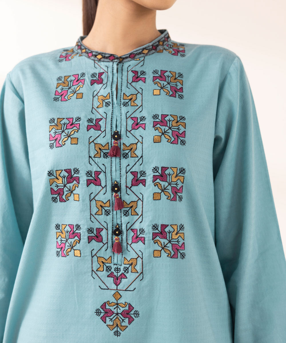 Women's RTW Dobby Blue Embroidered A-Line Shirt