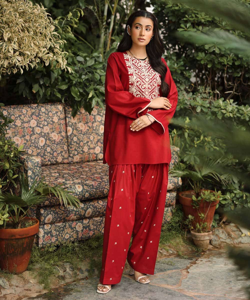 Women's RTW Dobby Red Embroidered A-Line Shirt