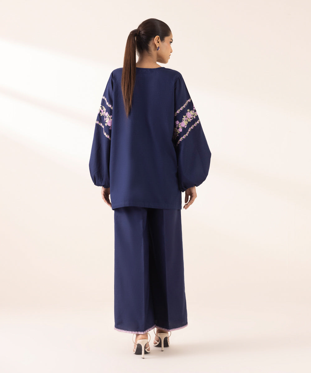 Women's RTW Dobby Blue Embroidered A-Line Shirt