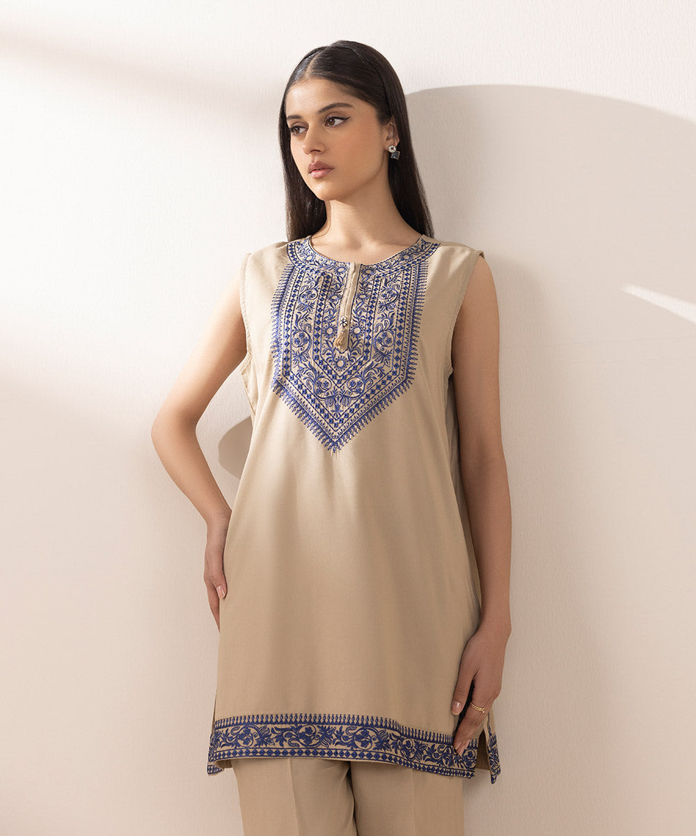 Women's Pret Cotton Viscose Beige Embroidered Straight Shirt