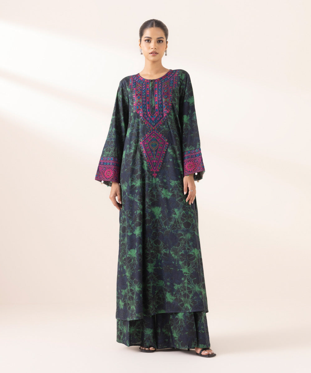 Women's RTW Cotton Viscose Green Embroidered A-Line Shirt