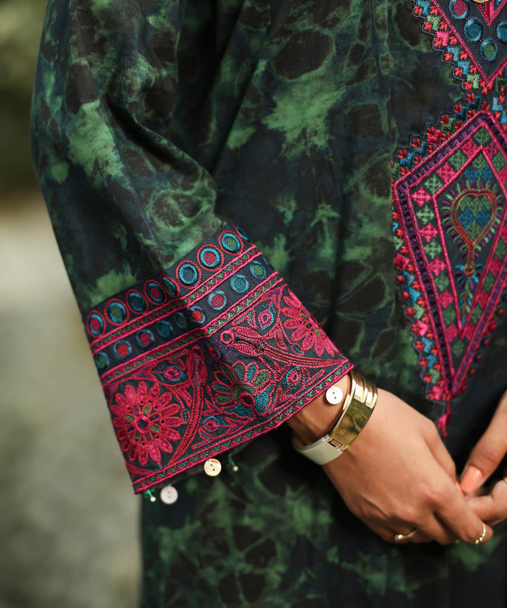 Women's RTW Cotton Viscose Green Embroidered A-Line Shirt