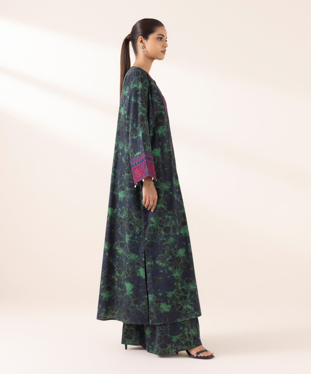 Women's RTW Cotton Viscose Green Embroidered A-Line Shirt