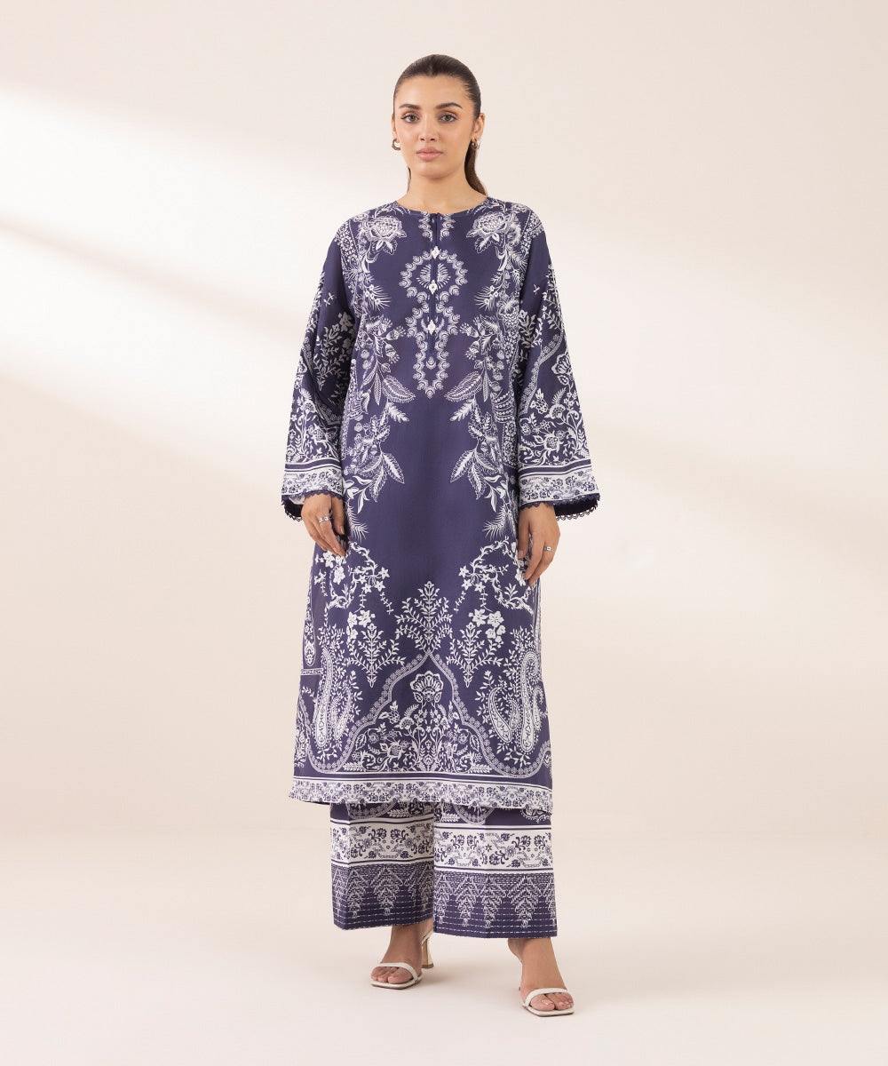 Women's RTW Lawn Blue Printed Boxy Shirt