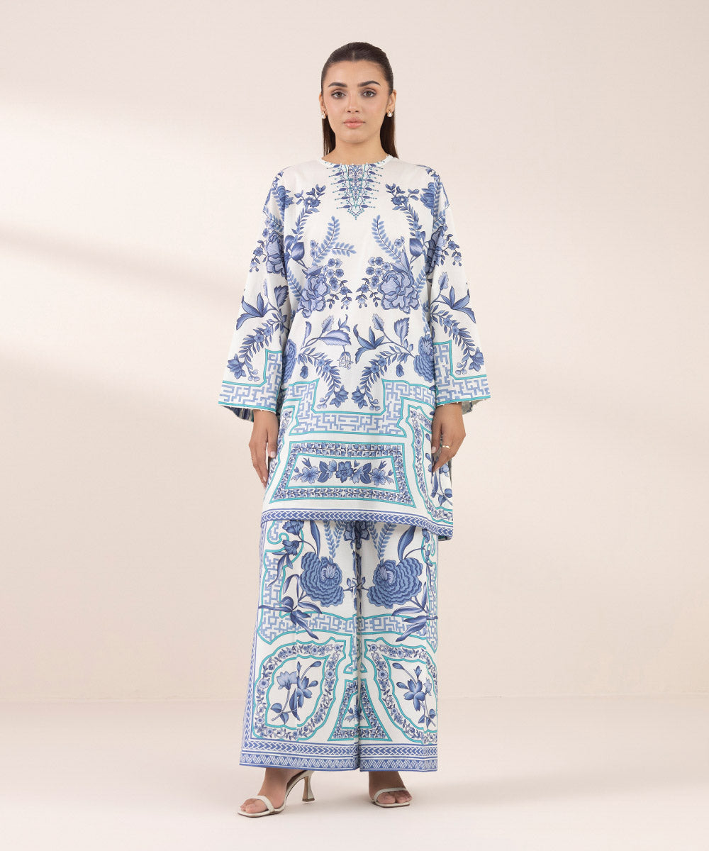Women's RTW Lawn Blue Printed Boxy Shirt