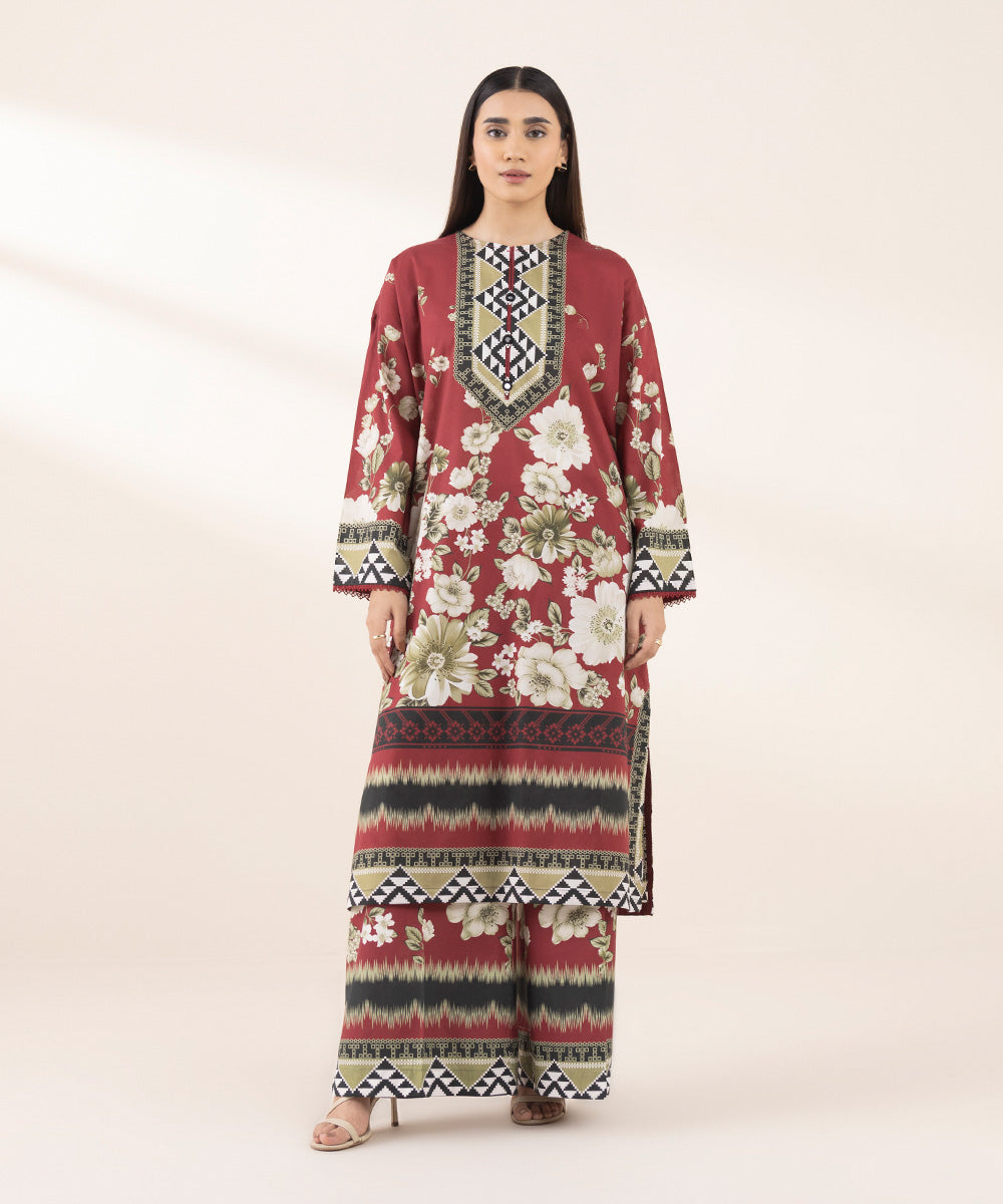 Women's RTW Lawn Red Printed Drop Shoulder Shirt