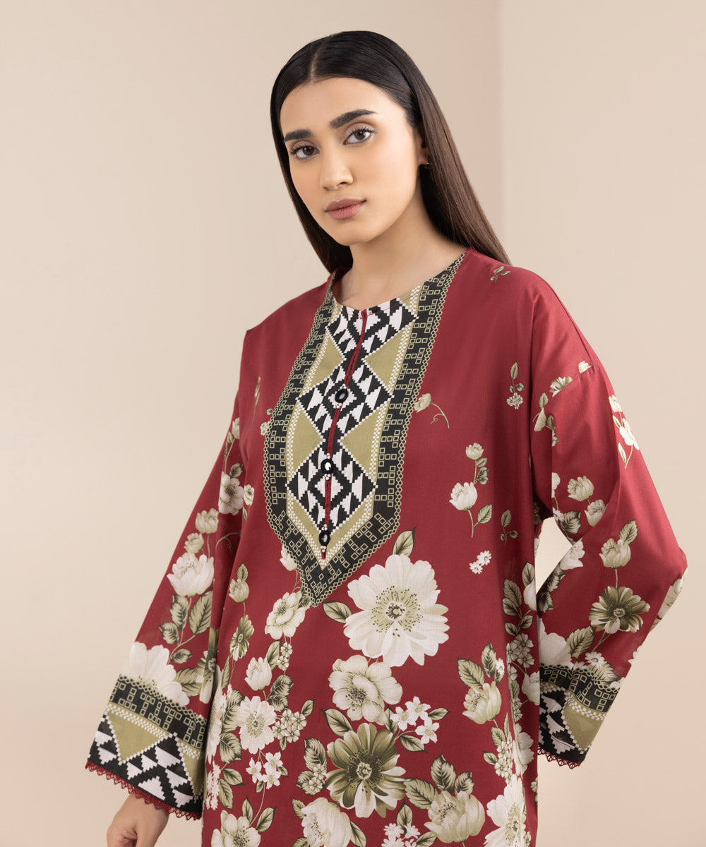 Women's RTW Lawn Red Printed Drop Shoulder Shirt