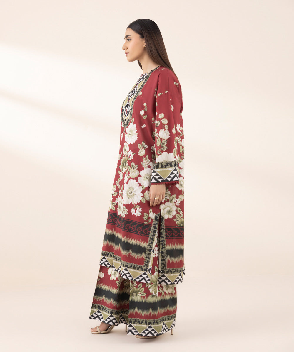 Women's RTW Lawn Red Printed Drop Shoulder Shirt