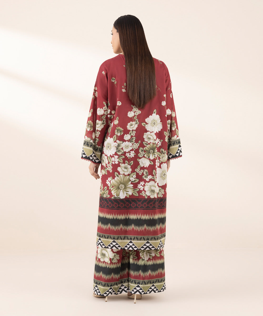Women's RTW Lawn Red Printed Drop Shoulder Shirt