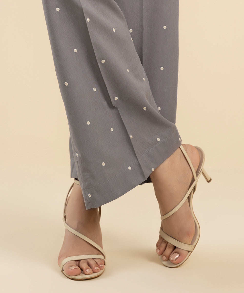 Women's Pret Cotton Viscose Grey Embroidered Culottes