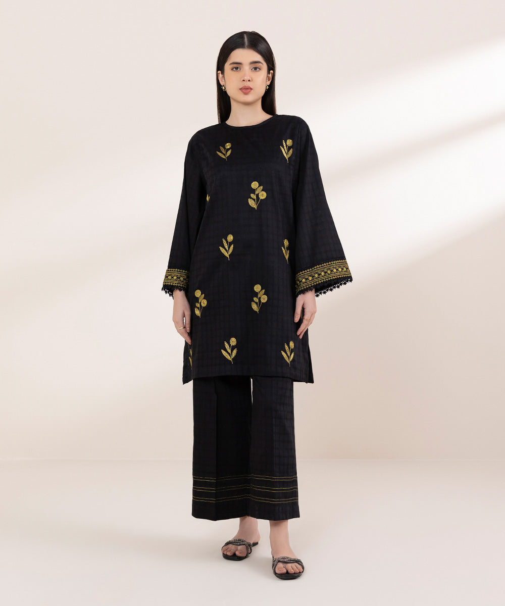 Women's Pret Dobby Black Embroidered Boxy Shirt