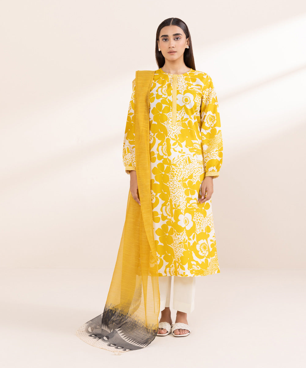 Blended Raw Net Yellow Printed Dupatta