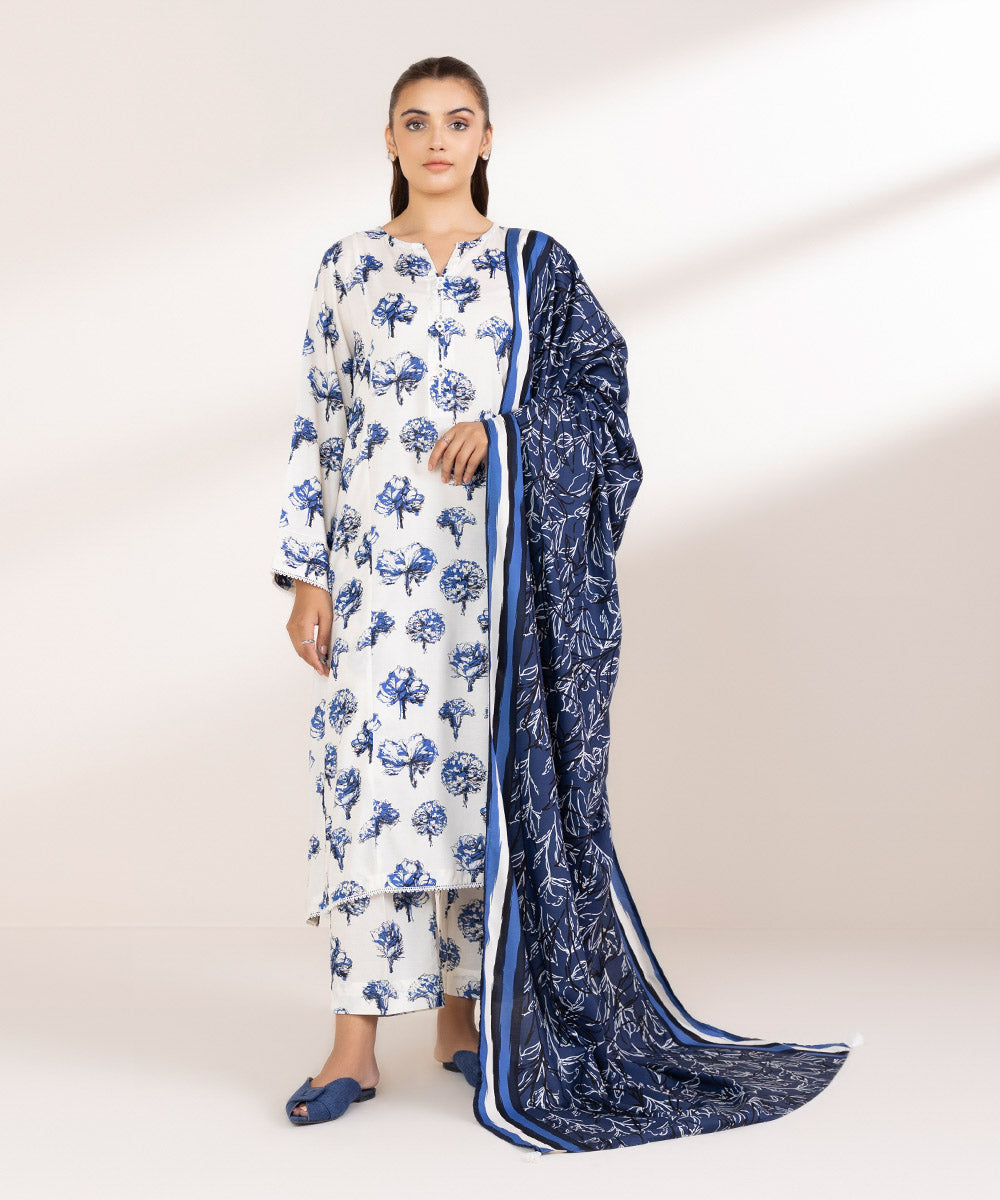 Linen Printed Navy Blue Dupatta