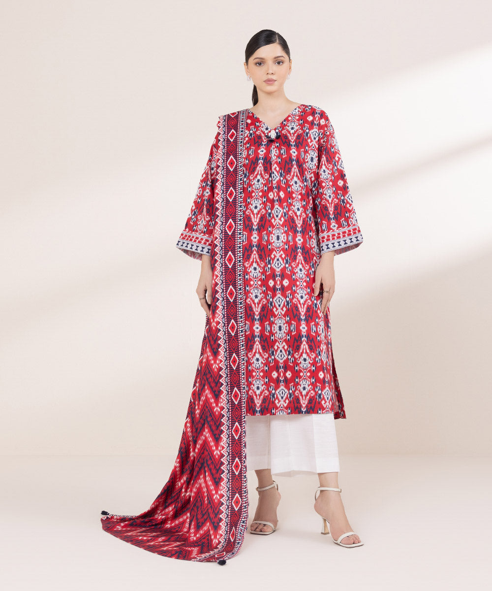 Linen Printed Red Dupatta