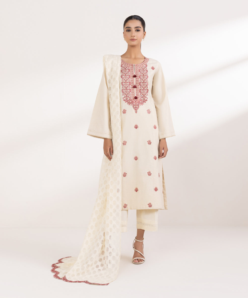 Brochea Jacquard Off White Embroidered Dupatta