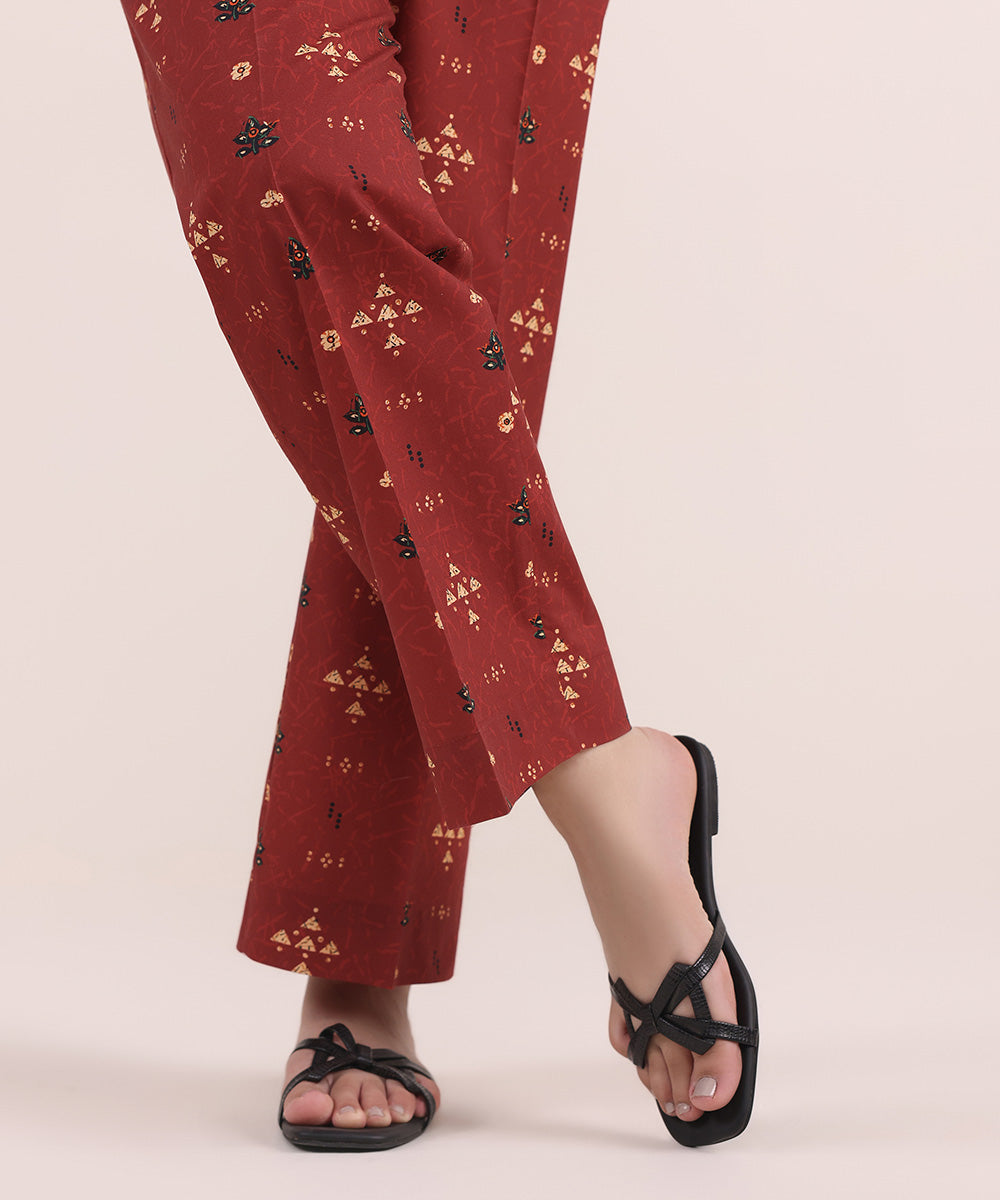 Women's Pret Cambric Red Printed Straight Pants