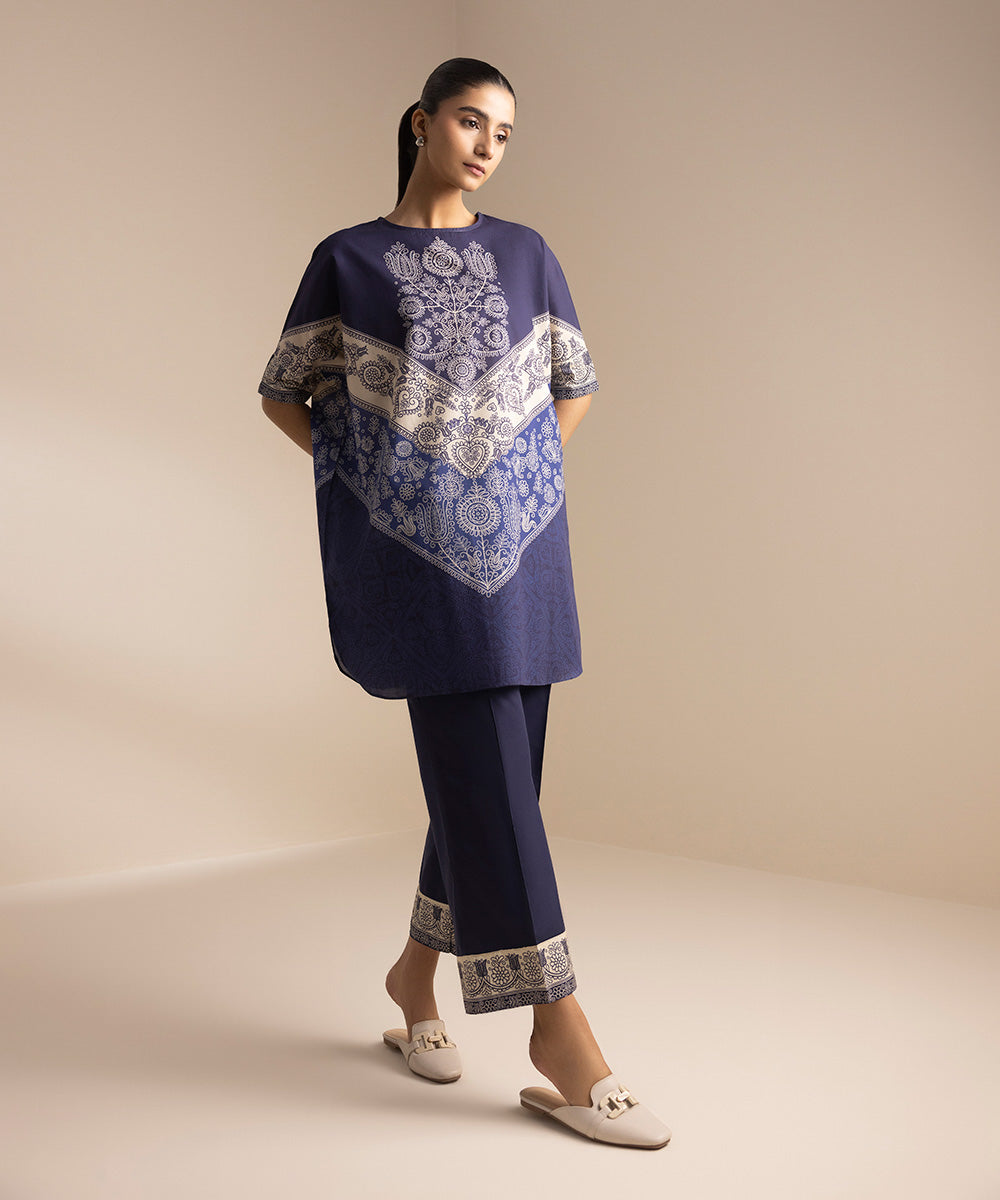 Women's Pret Cambric Printed Blue Kaftan Shirt