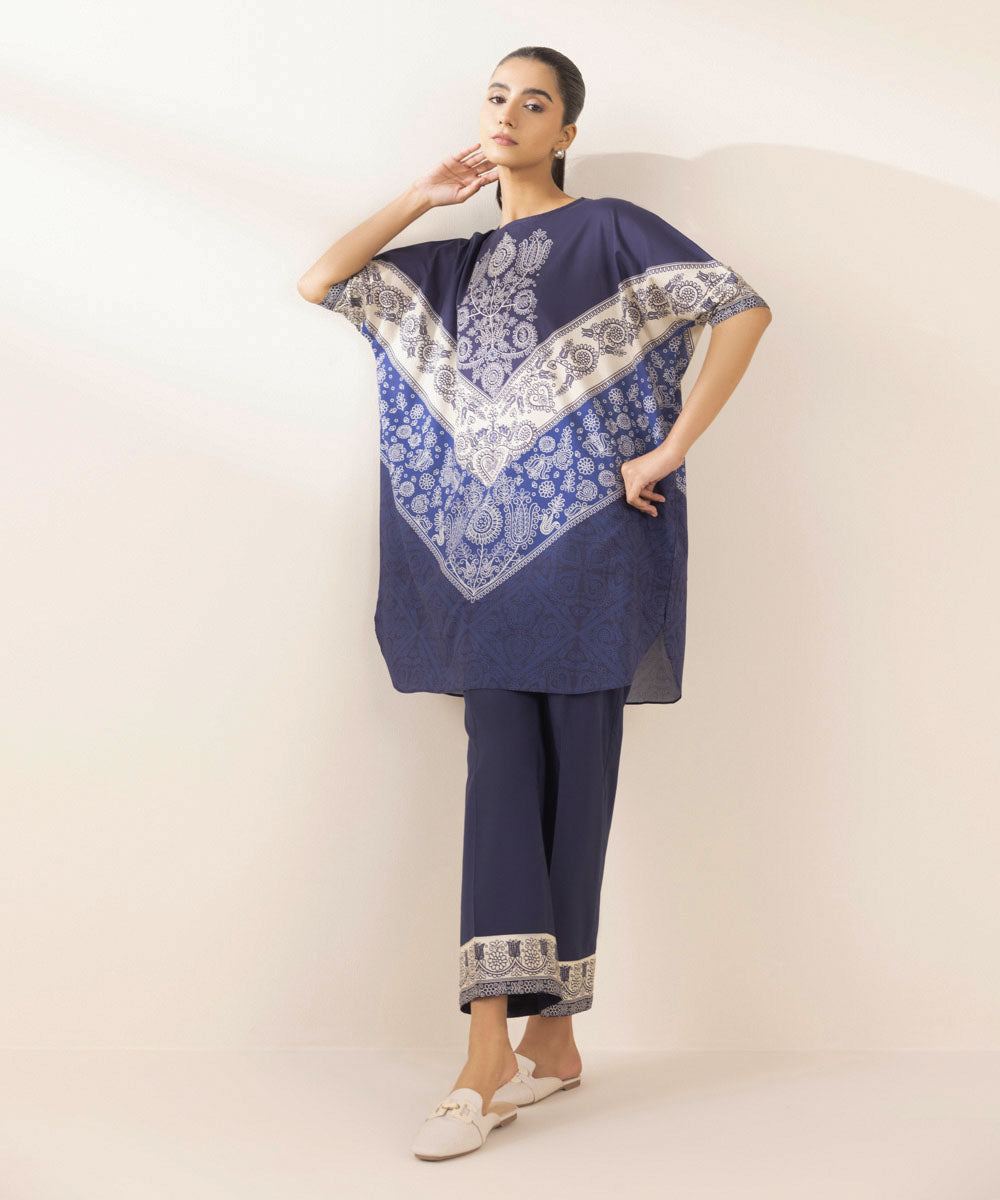 Women's Pret Cambric Printed Blue Kaftan Shirt