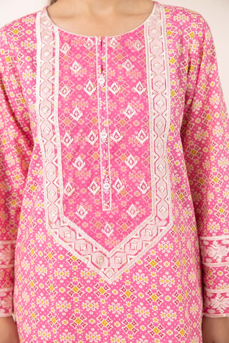 Women's RTW Cotton Viscose Pink Embroidered A-Line Shirt