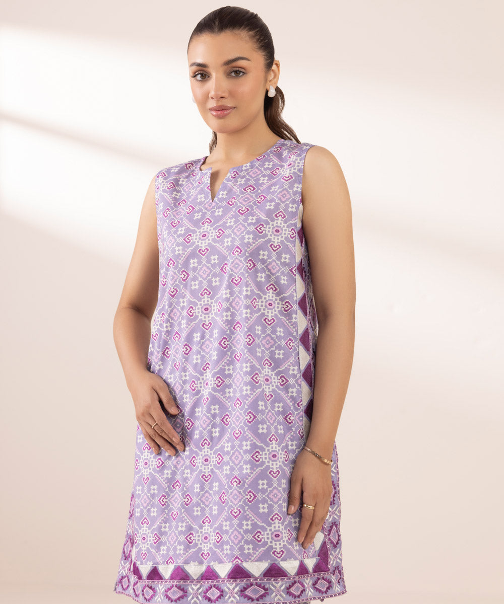 Women's RTW Cotton Viscose Purple Embroidered A-Line Shirt