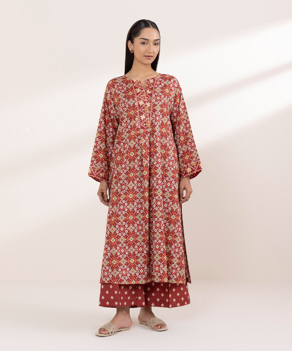 Women's RTW Cotton Viscose Red Embroidered Boxy Shirt