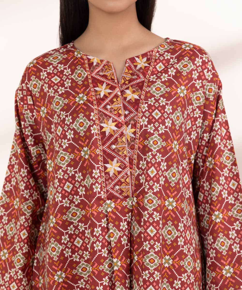 Women's RTW Cotton Viscose Red Embroidered Boxy Shirt
