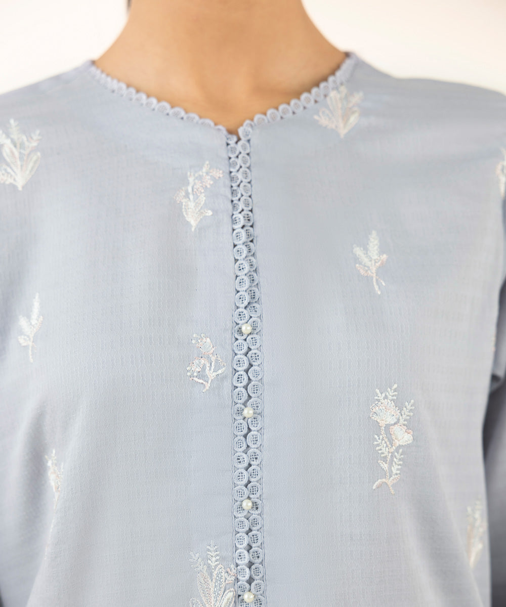 Women's Pret Dobby Embroidered Blue A-Line Shirt