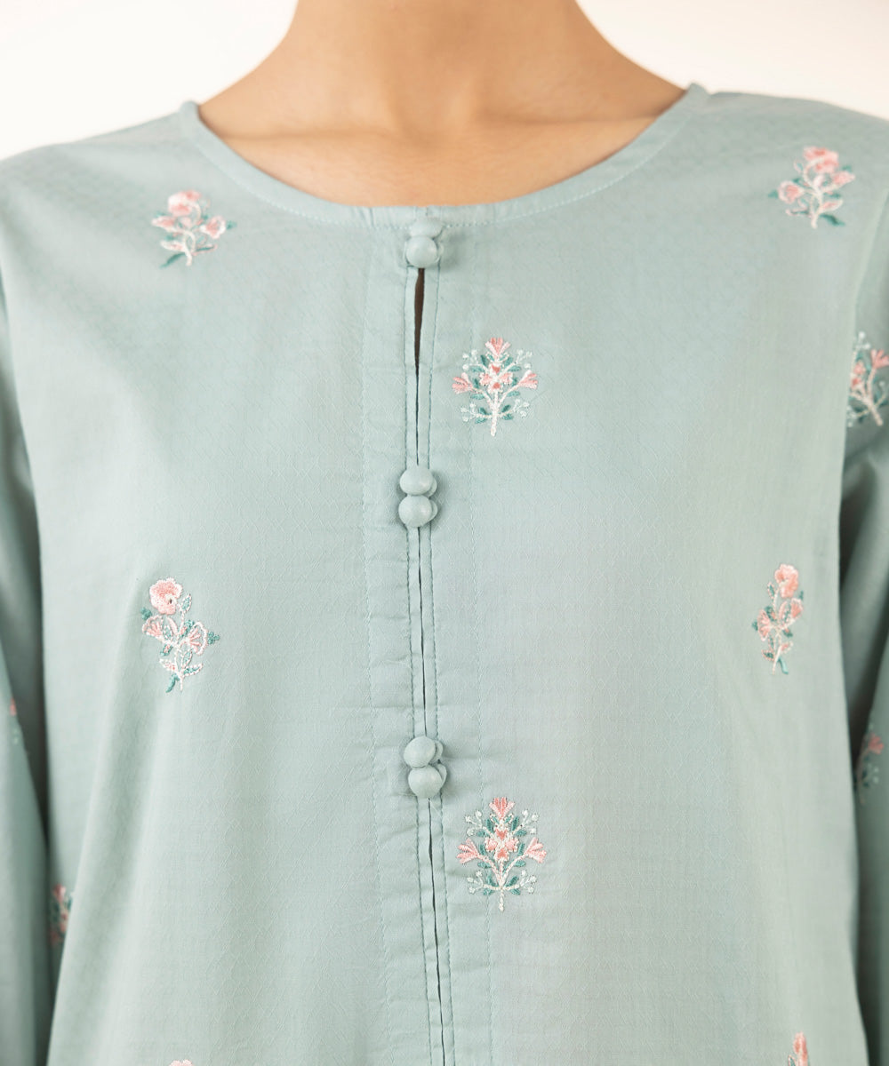 Women's Pret Dobby Embroidered Blue A-Line Shirt