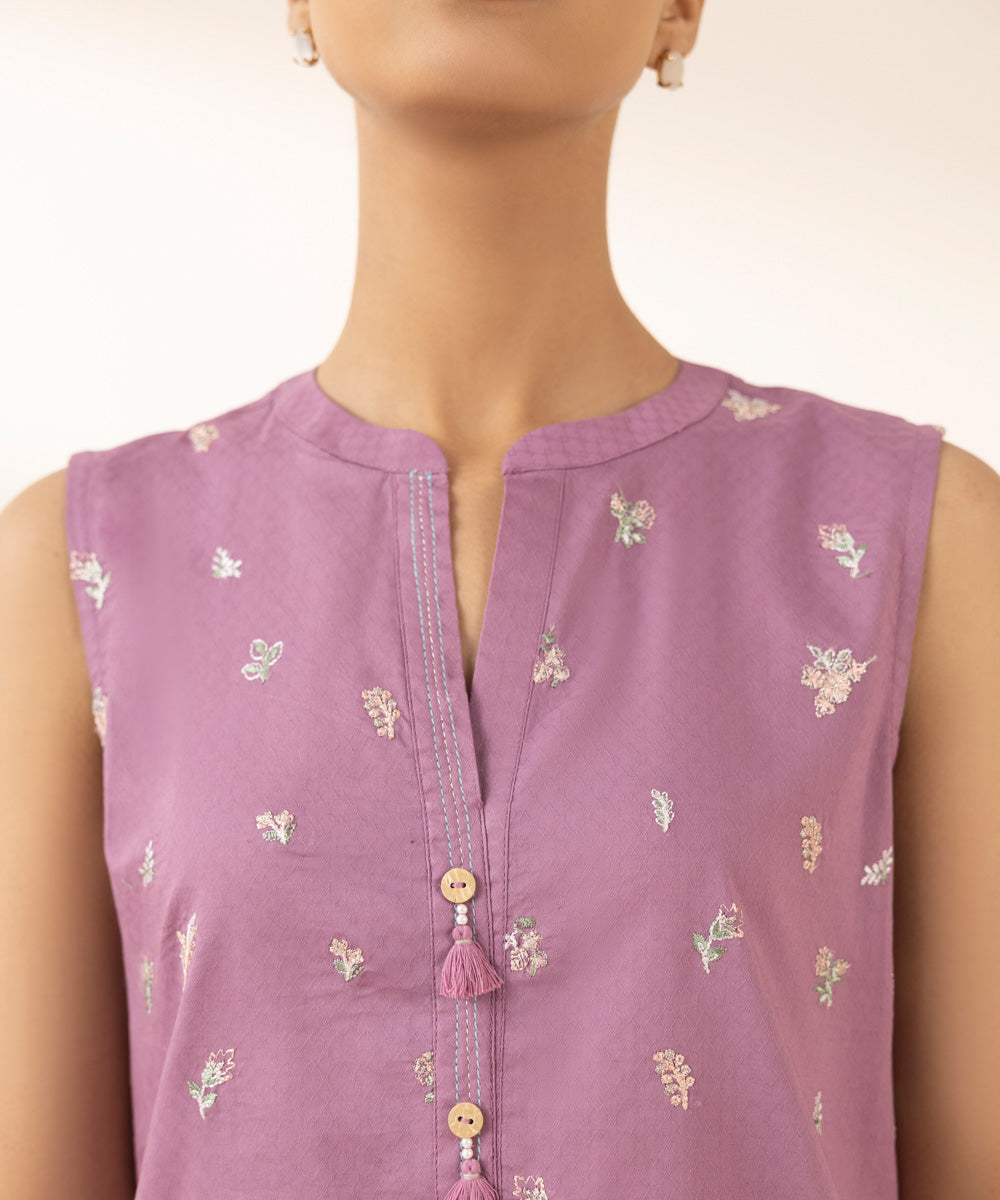 Women's Pret Dobby Embroidered Purple A-Line Shirt