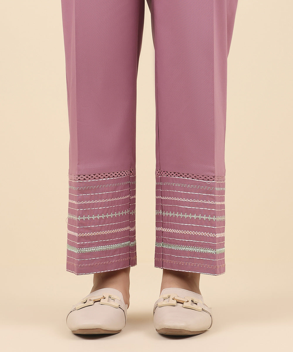 Women's Pret Cambric Purple Embroidered Straight Pants